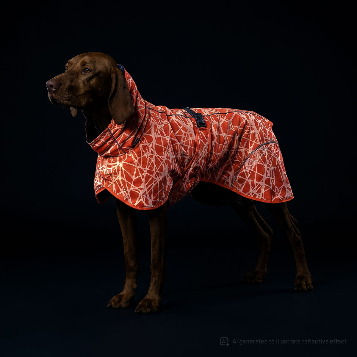 A brown dog wearing a red and white reflective patterned winter coat or blanket, photographed against a solid black studio background.